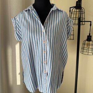 LOFT XS Casual Blue White Striped Cap Sleeve Button Front Blouse Top